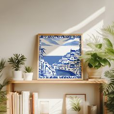 a painting on a shelf next to some potted plants, books and other items