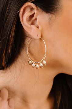 Our classy 'Moxy' earrings feature dainty gold hoops with five gold circle charms! Gold Circle, Gold Hoops, Hoop Earrings, Charms, Gold