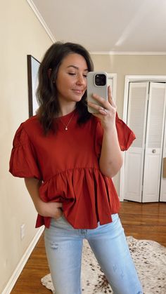 Red Babydoll top Blouse Shirts For Women, Red Puff Sleeve Top For Day Out, Cute Solid Color Tops With Puff Sleeves, Cute Solid Puff Sleeve Tops, Cute Solid Color Puff Sleeve Tops, Red Short Sleeve Top For Day Out, Trendy Red Top With Ruffles, Cute Red Top For Spring, Cute Red Tops For Spring