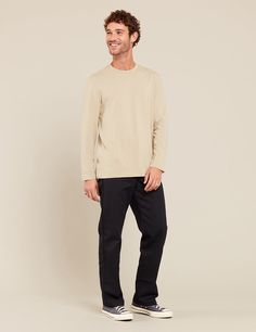 Every capsule wardrobe deserves the essential comfort and style that a high-quality, comfy long sleeve t-shirt provides. With its relaxed-fit silhouette, classic neckline, and long cuffed sleeves, this fit is a reliable everyday essential. Style it according to your destination—whether tucked in for a polished look or left out for casual everyday. Fall Cotton T-shirt With Versatile Style, Fall Cotton T-shirt Versatile Style, Versatile Cotton T-shirt For Fall, Casual Long Sleeve Cotton T-shirt, Classic Long Sleeve T-shirt For Spring, Fall Long Sleeve Relaxed Fit T-shirt, Versatile Long Sleeve Sweatshirt In Relaxed Fit, Versatile Long Sleeve Sweatshirt With Relaxed Fit, Versatile Relaxed Fit T-shirt For Fall