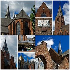 several pictures of different buildings with clocks on them