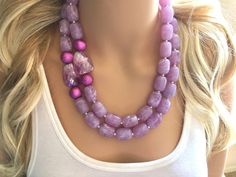 "A classic color that never goes out of style! Lavender / light purple beaded necklace and earring set. Necklace is 16 inches long with a 4 inch extender chain. Earrings are 2\" drop, a matching lavender bead with a fish hook style hardware. Thank you for supporting handmade and small American business! Hate to wait? Me too! I ship 6 days a week. Like this style but prefer another color? Check out our other BIG BEAD necklaces: https://www.etsy.com/shop/PolkaDotDrawer?ref=hdr_shop_menu&search Elegant Purple Necklace With Large Beads, Handmade Purple Beaded Necklace For Weddings, Elegant Purple Beaded Necklace For Wedding, Purple Beaded Necklace, Purple Bead Necklace, Animal Print Earrings, Orange Jewelry, Purple Bridesmaid, Purple Bridesmaids