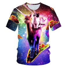 Get ready to blast off into style with the Galaxy Colorful T-Shirt! Add some excitement to your everyday wardrobe with this eye-catching t-shirt, featuring a colorful cartoon galaxy print. Made from a blend of polyester and spandex, it's light, comfortable, and durable for all-day wear. The O-neck collar and unisex style make it a versatile choice for everyone. Perfect for special occasions or everyday use, this t-shirt is easy to match with any outfit and is sure to turn heads. Get your Galaxy Playful Short Sleeve T-shirt With All Over Print, Funny Multicolor Summer T-shirt, Playful Cartoon Print Crew Neck T-shirt, Playful Crew Neck T-shirt With Cartoon Print, Fun Unicorn Print T-shirt For Summer, Summer Crew Neck Sublimation T-shirt With Funny Print, Playful Multicolor Printed T-shirt, Funny Multicolor Crew Neck Shirt, Funny Multicolor Short Sleeve T-shirt