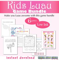 the kids's luau game bundle includes games, instructions and printables