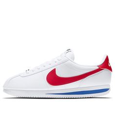 The Nike Cortez Basic 'White Varsity Red' is a modern update to the classic running shoe designed by Bill Bowerman in 1972. It features a wider, higher heel, dubrae and improved design lines. The upper is made of lightweight nylon and suede for a vintage look and feel. This sneaker is perfect for running, jogging, and other activities. It is inspired by the classic Cortez silhouette, and its colorway of white, varsity royal and varsity red adds a stylish touch. (SNKR/Gift Recommend) Classic University Red Sneakers With Rubber Sole, Retro Nike Running Shoes With Boost Midsole, Classic Nike Sneakers In University Red, Classic Nike Running Shoes With Branded Insole, Classic Custom Sneakers With Red Sole For Sports, Classic Nike Running Shoes With White Sole, Retro Nike Running Shoes With Branded Insole, Nike Classic Running Shoes For Jogging, Classic Nike Sneakers With Red Sole