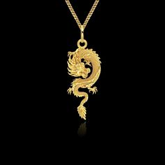 "P E N D A N T * D E T A I L S This Pendant is made of Real SOLID gold. * Made in USA * Metal/purity: 14k, 18k Yellow gold * Finish: polished * Height: 1.5\" (38,5 mm) * Width: 0.7\" (17 mm) * Pendant weight (approx.): 6 grams in 14k gold * Bail: 8 mm (fits up to 4 mm chains) - bail is included * Gender: unisex * This pendant is solid (not hollow in the back) * Certificate of Authenticity included * Ships from Los Angeles C H A I N * O P T I O N * Chain style & thickness: 1.5mm chain * Length av Traditional Gold Jewelry With Dragon Design, Luxury Dragon Design Jewelry For Gift, Symbolic Gold Jewelry With Dragon Design, Spiritual Gold Jewelry With Dragon Design, Luxury Gold Necklaces With Dragon Design, Luxury Gold Jewelry With Dragon Design, Yellow Gold Necklace With Dragon Design As Gift, Dragon Necklace Gold, Symbolic Gold Dragon Jewelry