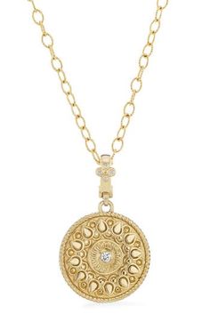 A meditative mandala pendant is centered and anchored with sparkling diamonds on this delicate 18-karat gold chain necklace. 18" length; 7/8" pendant drop Total diamond weight: 0.07ct. 18k gold/diamond Imported >Diamond Guide Diamond Mandala, Mandala Pendant, Mandala Necklace, Diamond Guide, Perfume Gift Sets, Perfume Gift, Fragrance Gift, Fragrance Gift Set, Crown Jewels