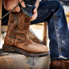 Men's WorkHog XT Patriot Waterproof Carbon Toe Work Boots in Distressed Brown, size 11.5 by Ariat Western Store, Ariat Boots, U Turn, Work Boots Men, Square Toe Boots, Work Boot, Goodyear Welt, Oil And Gas, Work Boots