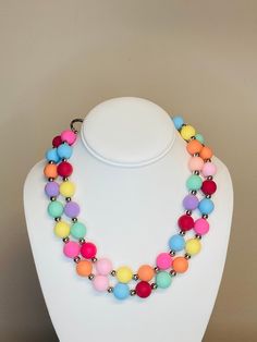 Layered Double Stranded Colored Rainbow Beaded Necklace / Statement Beaded / Bib Necklace / Bubble Necklace / Rainbow Multicolor Beaded Necklaces For Birthday, Beaded Necklaces With Colorful Beads For Birthday, Multicolor Beaded Plastic Necklace, Multicolor Beaded Necklace For Birthday, Birthday Multicolor Beaded Necklaces, Multicolor Wooden Beaded Necklaces For Party, Multicolor Wooden Beads Necklace For Party, Adjustable Beaded Necklaces For Birthdays, Plastic Beaded Necklace With Round Beads