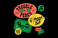 various stickers on a black background with the words trouble peach and moon cup written below them