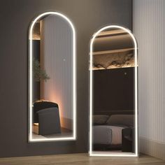 an arch shaped mirror is lit up in the corner of a room with a bed