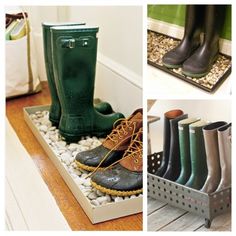 there are four different pictures of boots and shoes in the same photo, one is green