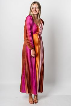 Pleated maxi dress from Lush Fashion Lounge women's boutique in Oklahoma City. Lush boutique in OKC has a variety of cute dresses and more! We are loving this trendy maxi dress for any occasion! Model is 5'9 size 28 wearing size small. 100% polyester Pink Flowy V-neck Maxi Dress, Pink V-neck Rayon Dress, Flowy Full-length Party Dress, Spring Evening Floor-length Maxi Dress, Fitted Maxi Dress For Brunch, Multicolor Maxi Dress For Beach Party, Pink Rayon Midi Beach Dress, Pink Rayon Summer Maxi Dress, Pink Rayon Maxi Dress For Summer