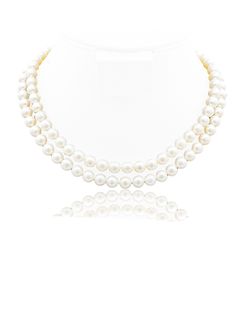 "Chada Pure Pearl classic two strand freshwater white round pearls necklace closing with silver 14 gold-plated dazzling cubic zirconia clasp. This stunning, fine, and impressive double strand pearl necklace displays a total of 99 individually knotted cultured pearls. The shortest strand consists of forty-eight pearls, and the longest strand has fifty-one pearls. Due to the organic nature of the pearls, every pair is unique and has a one of kind feeling. This necklace come packed in an elegant cu Classic Pearl Necklace With Sterling Silver Clasp For Wedding, Formal Double Strand Pearl Necklace With Pendant, Classic Double Strand Wedding Necklaces, Double Strand Pearl Necklace For Formal Occasions, Classic Wedding Pearl Necklace With Sterling Silver Clasp, Formal Double Strand Pearl Necklace, Double Strand Akoya Pearl Necklace, Elegant Gold Pearl Necklace With Sterling Silver Clasp, Classic Double Strand Pearl Pendant Necklace