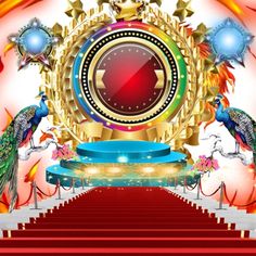 a red carpeted staircase leading up to an award plaque with peacocks on it