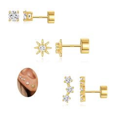 PRICES MAY VARY. 3 Pairs Gold Earring Set: 3 pairs of flat back earring set. These shimmering gold studs have been a favorite for years for their sophisticated yet minimalist design, include star, round zirconia, ear climber zirconia earrings. These helix pierced earrings are perfect for earring stacks Hypoallergenic Flat Back Earrings: The flat back stud earrings post is 5mm / 0.2inch length. Gold flat back earrings was selected brass plated with 14K gold ensures long-lasting resistance to tarn Earring Stacks, Flat Back Earrings, Presents For Women, Silver Flats, Star Earrings Stud, Earrings Hoop, Zirconia Earrings, Gold Earring, Star Studs