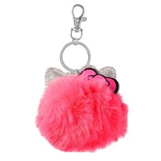 a pink furry cat keychain on a white background