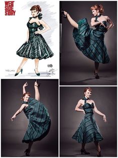 four different pictures of a woman in a dress with her arms up and legs spread out