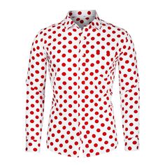 The polka-dot shirt is a weekend wardrobe essential. This shirt has a curved hem, both practical and versatile. With a cotton construction and fitted tailoring, this all-over dots print button-down features a spread collar. Layer this shirt over a basic tee for a nod to laid-back summer style. Style with jeans and sneakers to build up a casual, smart look. Polka Dot Long Sleeve Shirt For Workwear, Fitted Polka Dot Shirt For Work, Fitted Polka Dot Collared Shirt, Polka Dot Cotton Shirt With Button Closure, Cotton Polka Dot Shirt With Button Closure, Polka Dot Cotton Shirt For Spring, Spring Cotton Polka Dot Shirt, Spring Polka Dot Cotton Shirt, Fitted Polka Dot Shirt For Spring