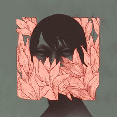 a woman's face is surrounded by leaves and flowers in the shape of a square