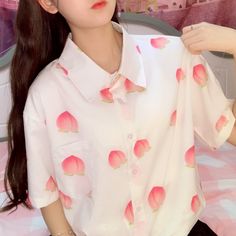 Cute Orange Short Sleeve Shirt, Cute Pink Short Sleeve Shirt, Summer Kawaii Blouse, Cute Collared Summer Shirt, Cute Collared Shirt For Summer, Orange Short Sleeve Shirt For Spring, Pink Kawaii Shirt For Spring, Kawaii Style Blouse For Spring, Sweet Short Sleeve Tops With Fruit Print