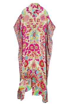 Hit the beach or kick it poolside in this flowy kaftan that features an allover floral pattern, kimono-inspired sleeves and an uneven hem. Johnny collar Kimono-inspired sleeves 100% viscose Hand wash, line dry Imported Patterned Kaftan For Summer Beach Cover-up, Flowy Multicolor Tunic Cover-up, Printed Flowy Kaftan For Beach Cover-up, Multicolor Print Kaftan For Beach Cover-up, Multicolor Silk Beachwear Kimono, Multicolor Silk Kimono For Beachwear, Spring Vacation Tunic With Batwing Sleeves, Multicolor V-neck Kimono For Beachwear, Multicolor Summer Cover-up With Kimono Sleeves