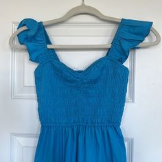 Beautiful Blue Abercrombie Dress! Never Worn And New With Tag. Ruched Sweetheart Neckline Blue Fitted Sundress For Casual Wear, Blue Ruched Sundress Maxi Dress, Blue Maxi Dress With Smocked Bodice, Blue Ruched Maxi Dress For Summer, Blue Ruched Summer Maxi Dress, Blue V-neck Midi Dress With Smocked Bodice, Chic Blue Midi Dress With Smocked Back, Blue Fitted Cotton Maxi Dress, Fitted Blue Cotton Maxi Dress