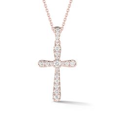 14k gold, total weight 2.84 grams, 21 brilliant, full-cut, round diamonds total weight .32 ct. The stones are all G-H color & VS2-SI1 in clarity This beautiful yet simple handcrafted diamond cross is the perfect necklace for just about anyone! It comes in your choice of 14k yellow, white, or rose gold and comes on a cable chain with lobster clasp. Adjustable chain length options are available allowing you to either layer your cross or make it your choice of emphasis, it certainly is eye-catc Rose Gold Lab Grown Diamond Jewelry With Accents, Anniversary Rose Gold Diamond Necklace With Brilliant Cut, Dazzling Rose Gold Diamond Necklace, Fine Jewelry Rose Gold Diamond Necklace With Vvs Clarity, Round Rose Gold Diamond Necklace, Rose Gold Diamond Necklace With Vvs Clarity, Dazzling Rose Gold Diamond Necklace With Accents, Dazzling Rose Gold Diamond Accents Necklace, Rose Gold 14k Diamond Necklace With Vvs Clarity