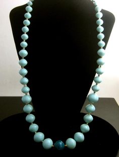 Elegant Light Blue Jewelry With Large Beads, Elegant Light Blue Beaded Chain Necklaces, Light Blue Beaded Necklaces With Round Beads, Elegant Light Blue Necklace With Beaded Chain, Blue Single Strand Long Beaded Necklace, Blue Long Single Strand Beaded Necklace, Light Blue Beaded Necklace With Faceted Round Beads, Blue Large Beads For Costume Jewelry, Elegant Light Blue Beaded Chain Necklace