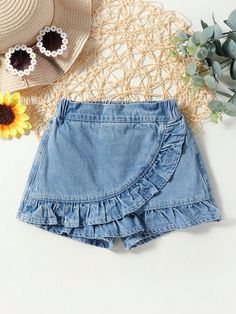 Medium Wash  Collar  Denim Plain Skort Embellished Non-Stretch  Young Girls Clothing Skort Denim, Girls Denim Shorts, Denim Skort, Girl Inspiration, Girls Denim, Washed Denim, Inspiration Mode, Infants