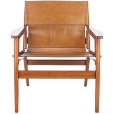 a brown leather and wood chair with white seat padding on the armrests