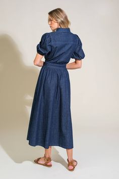 A washed denim midi dress featuring shirt collar, butoon down, short puff sleeve, front pockets and full skirt 90% Cotton / 10% Polyester Skirt Details, Denim Midi Dress, Short Puff Sleeve, Flying Tomato, Washed Denim, Swimsuit Cover, Dress Romper, Sweatshirt Dress, Shirt Collar