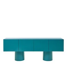 a blue table with three legs and two cupboards on each side, against a white background