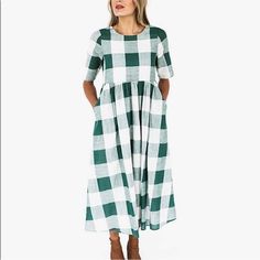 New With Tags! White A-line Maxi Dress For Fall, Casual A-line Plaid Dress, White Cotton Maxi Dress For Fall, Casual Plaid Maxi Dress, Spring Cotton Plaid Midi Dress, Green Short Sleeve Maxi Dress For Fall, Fall Green Maxi Dress With Short Sleeves, Casual White Maxi Dress For Fall, Spring Plaid A-line Dresses