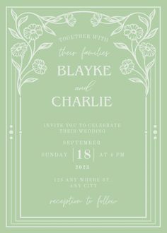 a wedding card with flowers and leaves on the front, in pale green color scheme