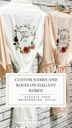 three personalized robes hanging up against a brick wall with the words custom names and roles on elegant robes