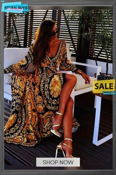 Women's Wrap Dress Maxi Long Dress - Long Sleeve Other Print Spring & Summer Deep V Hot Boho Holiday Going Out Beach Yellow / Vacation Dresses Flowy Long Sleeve Dresses For Vacation, Gold Bohemian V-neck Dress, Long Sleeve Maxi Dress For Summer Holiday, Summer Long Sleeve Maxi Dress For Holiday, Bohemian Long Sleeve Maxi Dress For Holiday, Long Sleeve Maxi Dress For Beach Holiday, Fitted Printed Boho Dress For Vacation, Gold Summer Beach Dress, Gold Beach Dress For Summer