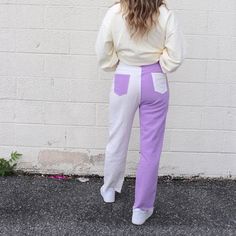 Purple and white color block pants Size and Fit: Model height 5’7” wearing size Small Casual Color Block Wide Leg Pants, Casual Wide Leg Color Block Pants, Spring Color Block Straight Leg Pants, Spring Straight Leg Color Block Pants, Spring Color Block Straight Leg Bottoms, Color Block Straight Leg Bottoms For Spring, Casual Color Block Bottoms, Casual White Patchwork Pants, Straight Leg Color Block Bottoms For Spring