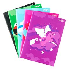 four different colored notebooks with cartoon characters on them