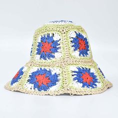 Floral Crochet Straw Bucket Hats - 11 Colors. Adorable bohemian straw bucket hats in retro floral square crochets. Perfect spring to summer hats to love and protect from sun in style. Hand Woven, wide brim with size adjustable inner rope. Wear in town or beach, these hats look sweet! SIZE: 54-58cm Circumstance H10cm x Brim 9-10cm Gender: WOMENItem Type: Hats, Crochet HatMaterial: Straw, PapyrusPattern Type: Floral Woven Straw Beach Hat, Straw Beach Hat, Beach Bucket Hat, Bob Chapeau, Crochet Sun, Designer Bucket Hats, Straw Bucket Hat, Crochet Sun Hat, Crochet Hat For Women