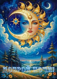 a painting of a woman's face with the moon and stars above her head