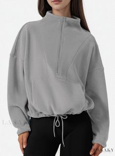 Lasaky - Stylish Half-Zip Fine Velvet Sports Sweater with Small Turtleneck and Long Sleeves, Comfortable Pullover with Tie-Up Details Sports Sweater, Sport Sweater, Sherpa Pullover, Half Zip Sweatshirt, Sports Sweatshirts, High Neck Long Sleeve, Flare Leggings, Pullover Designs, Active Wear Outfits