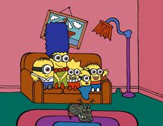 the simpsons family is watching tv in their living room