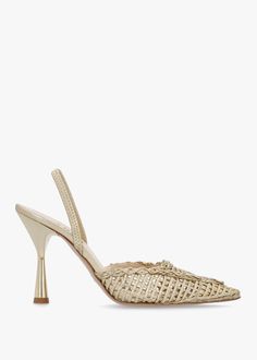 Daniel Tiffi Gold Leather Woven Sling Back Heeled Shoes Gold Leather Slingback Pumps With 4-inch Heel, Vivienne Westwood Shop, Espadrilles Men, Shoe Wishlist, Moccasins Mens, Occasion Shoes, Leather Weaving, Foot Bed, Valentino Bags