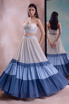 Blue gradient layered frilly lehenga crafted in organic cotton with mesh tiers. Paired with a corset style blouse with mesh detailing and front zip closure. - Aza Fashions Blue Gradient, Style Blouse, Corset Style, Set Women, Aza Fashion, Lehenga, Off Shoulder, Organic Cotton, Mesh