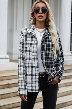 US$ 33.52 - Autumn Winter Coat Women Elegant White Black Plaid Patchwork Long Sleeve Outwear Blouse Coat Fashion Loose Streetwear Jacket - www.streetally.com Casual White Outerwear With Splicing, White Long Sleeve Outerwear With Splicing, White Spliced Long Sleeve Outerwear, White Spliced Outerwear For Fall, Chic Patchwork Winter Outerwear, White Spliced Outerwear For Winter, White Patchwork Outerwear For Work, Chic Black Patchwork Outerwear, Trendy Long Sleeve Outerwear With Contrast Color