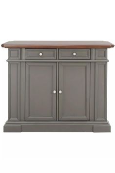 a gray buffet table with drawers and wooden top