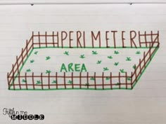 a piece of paper with the words perimeter area drawn on it in green and brown