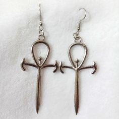 Dracula Vampire Ankh Gothic Halloween Earrings Silver Punk Jewelry For Cosplay, Silver Metal Jewelry For Cosplay, Handmade Silver Jewelry For Cosplay, Silver Punk Plug Earrings For Parties, Gothic Silver Metal Earrings, Silver Gothic Metal Earrings, Silver Punk Style Metal Earrings, Silver Punk Earrings As A Gift, Silver Metal Earrings For Cosplay