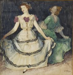 two women in dresses sitting on the ground with their hands behind their backs, one woman is wearing a dress and the other wears a hat